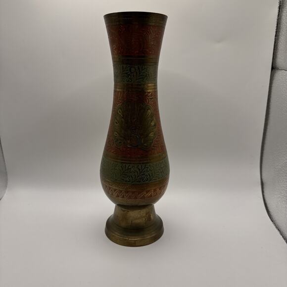 Vintage Solid Brass Vase Etched floral Peacock Pattern 10" - Picture 2 of 8